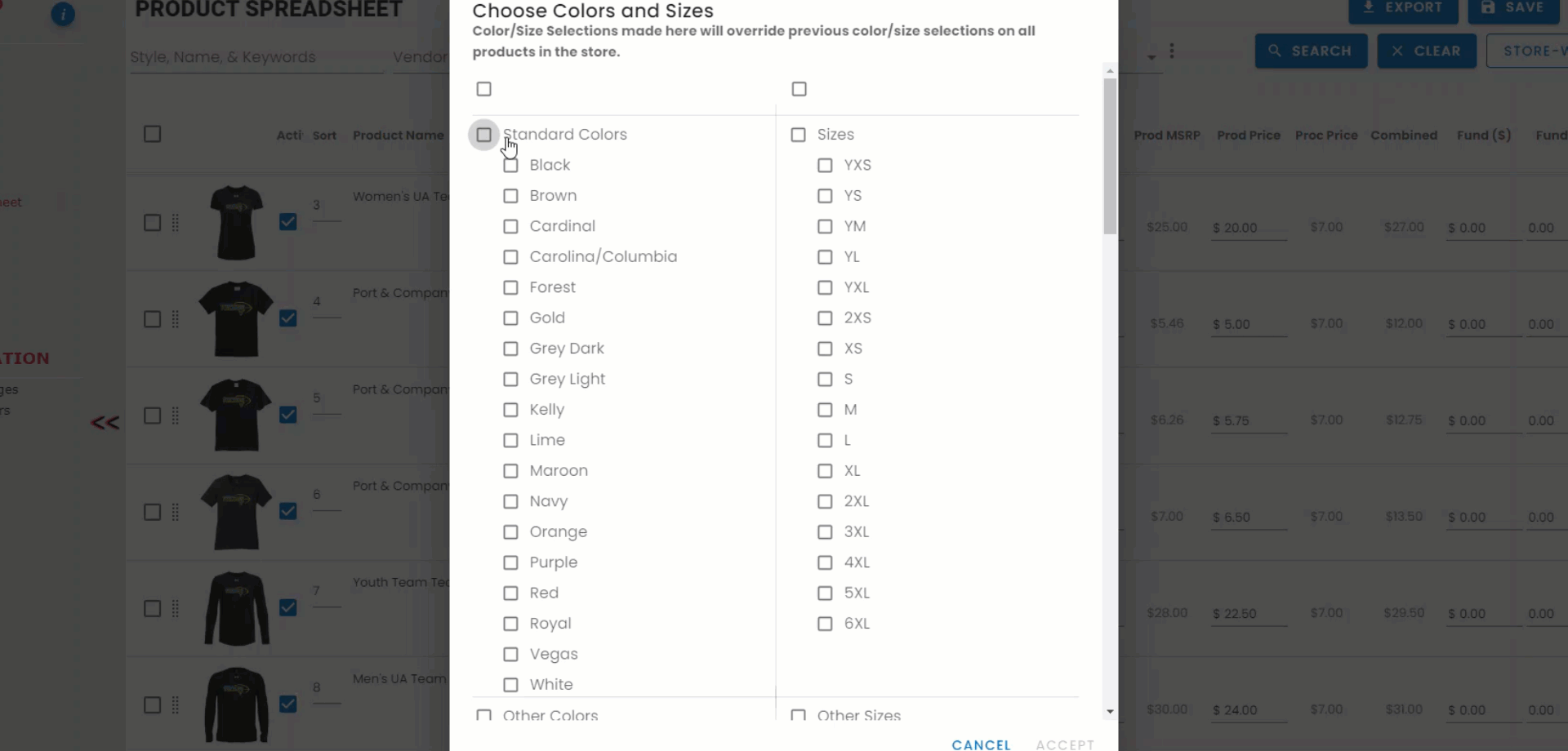 Bulk Color and Size Picker