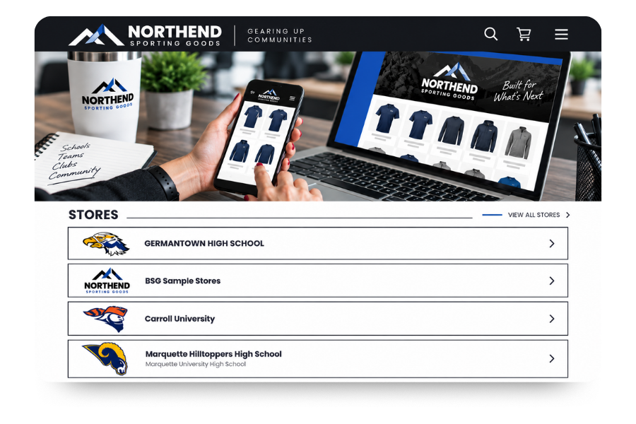 Live store directory page with a banner image showing online stores and four online stores listed.