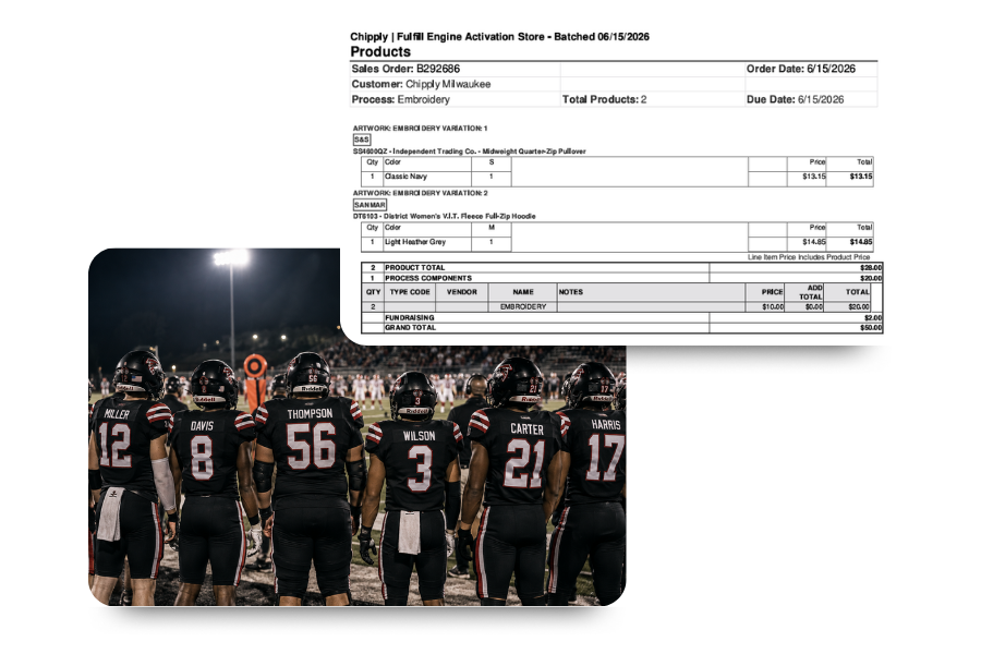 Chipply work order and a image of a football team with names and numbers on jerseys.