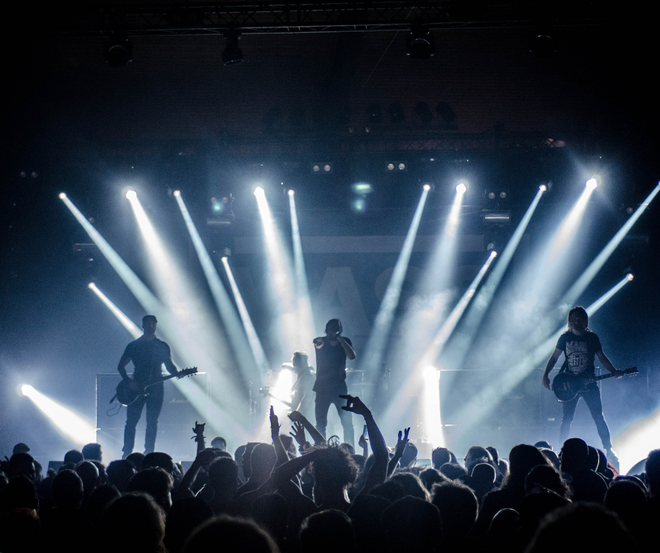 A band on stage at a concert A band on stage at a concert